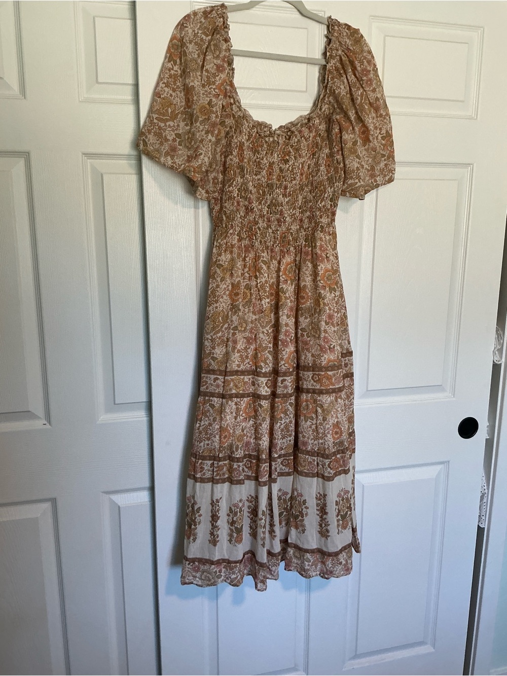 Spell Floral Smocked Midi Dress in Beige and Rust - Picture 1 of 6